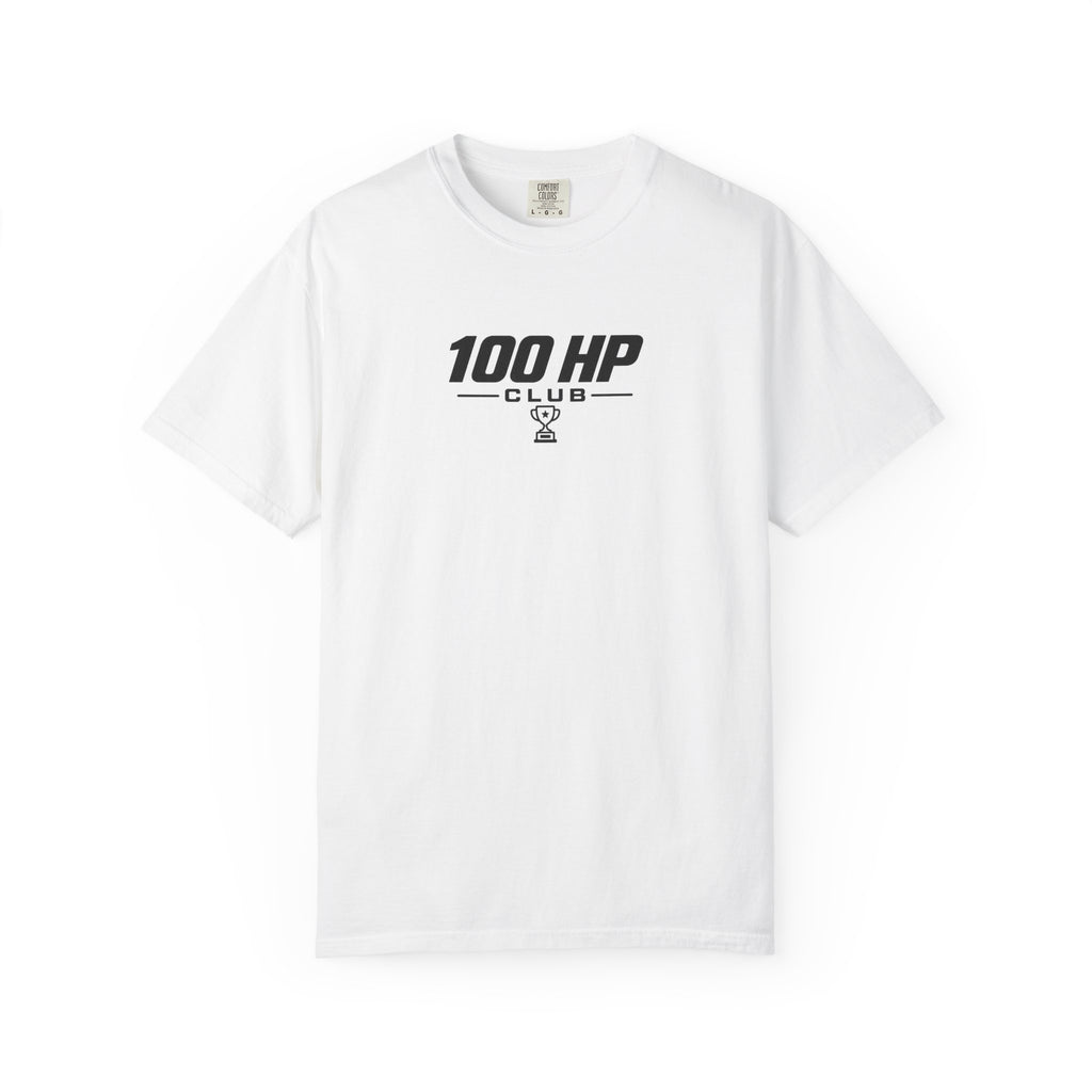 White crew-neck T-shirt with 100 HP Club logo print on chest