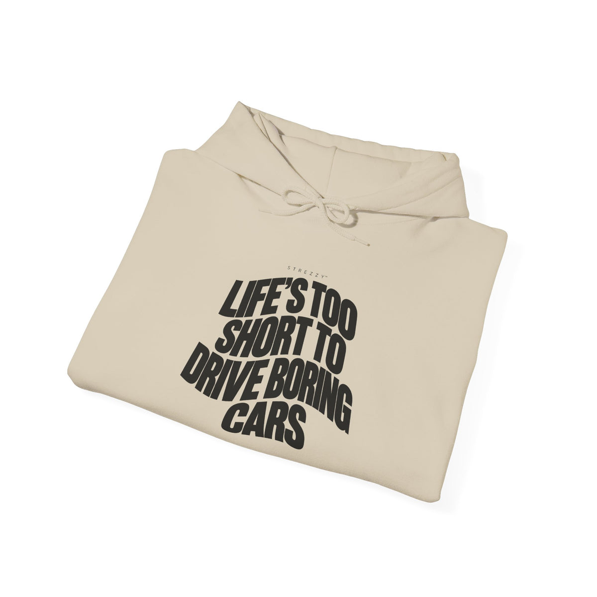Beige pullover hoodie with 'Drive boring cars' graphic on the front.