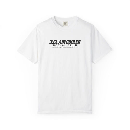 White crew-neck T-shirt with “3.6L AIR COOLED SOCIAL CLUB” front graphic