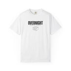 White crewneck T-shirt with OVERNIGHT parts dept. box graphic on the chest