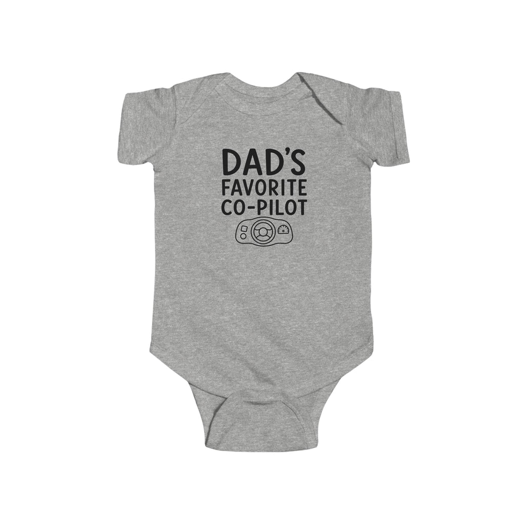 Heather gray baby bodysuit with 'Dad's Favorite Co-Pilot' graphic on front