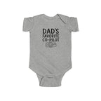 Heather gray baby bodysuit with 'Dad's Favorite Co-Pilot' graphic on front
