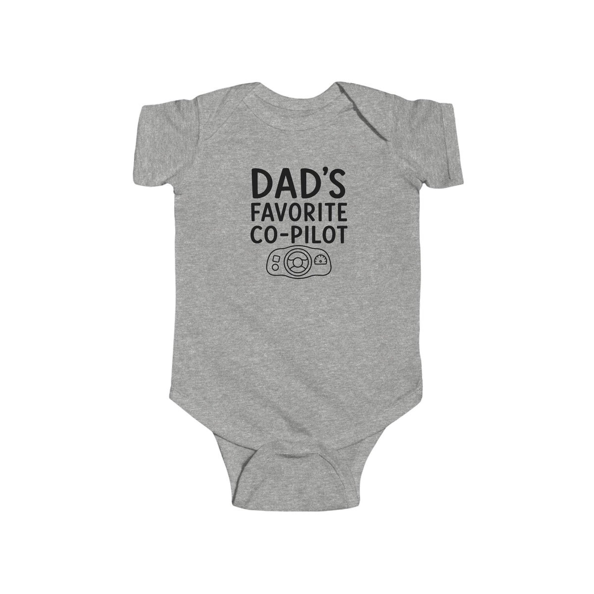 Heather gray baby bodysuit with 'Dad's Favorite Co-Pilot' graphic on front