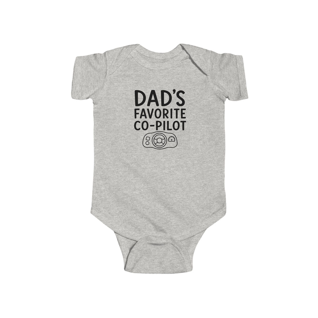 Heather gray baby bodysuit with 'Dad's Favorite Co-Pilot' graphic, short sleeve