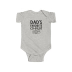 Heather gray baby bodysuit with 'Dad's Favorite Co-Pilot' graphic, short sleeve