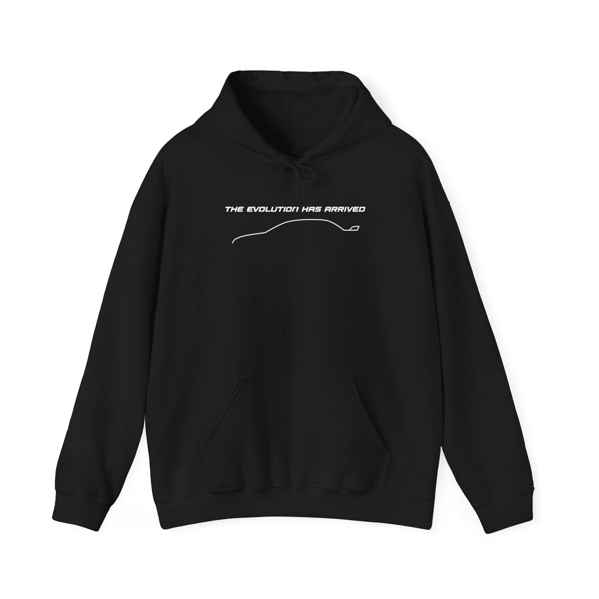 Black pullover hoodie with hood and drawstrings, kangaroo pocket, front logo graphic.
