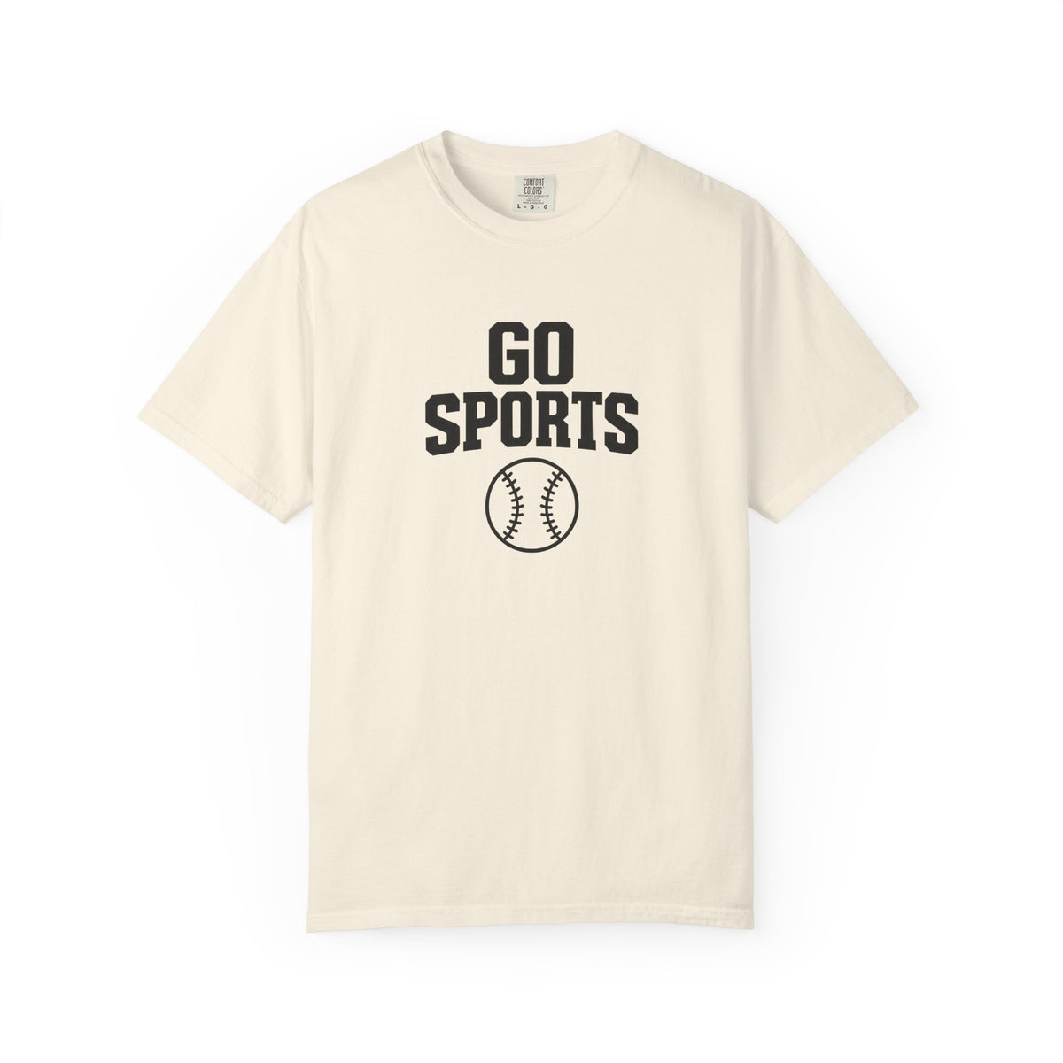 Ivory baseball T-shirt with Go Sports logo and two-ball graphic on chest