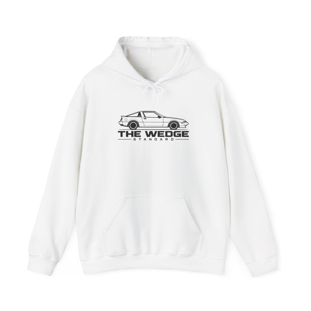 White pullover hoodie with front logo, drawstring hood, kangaroo pocket