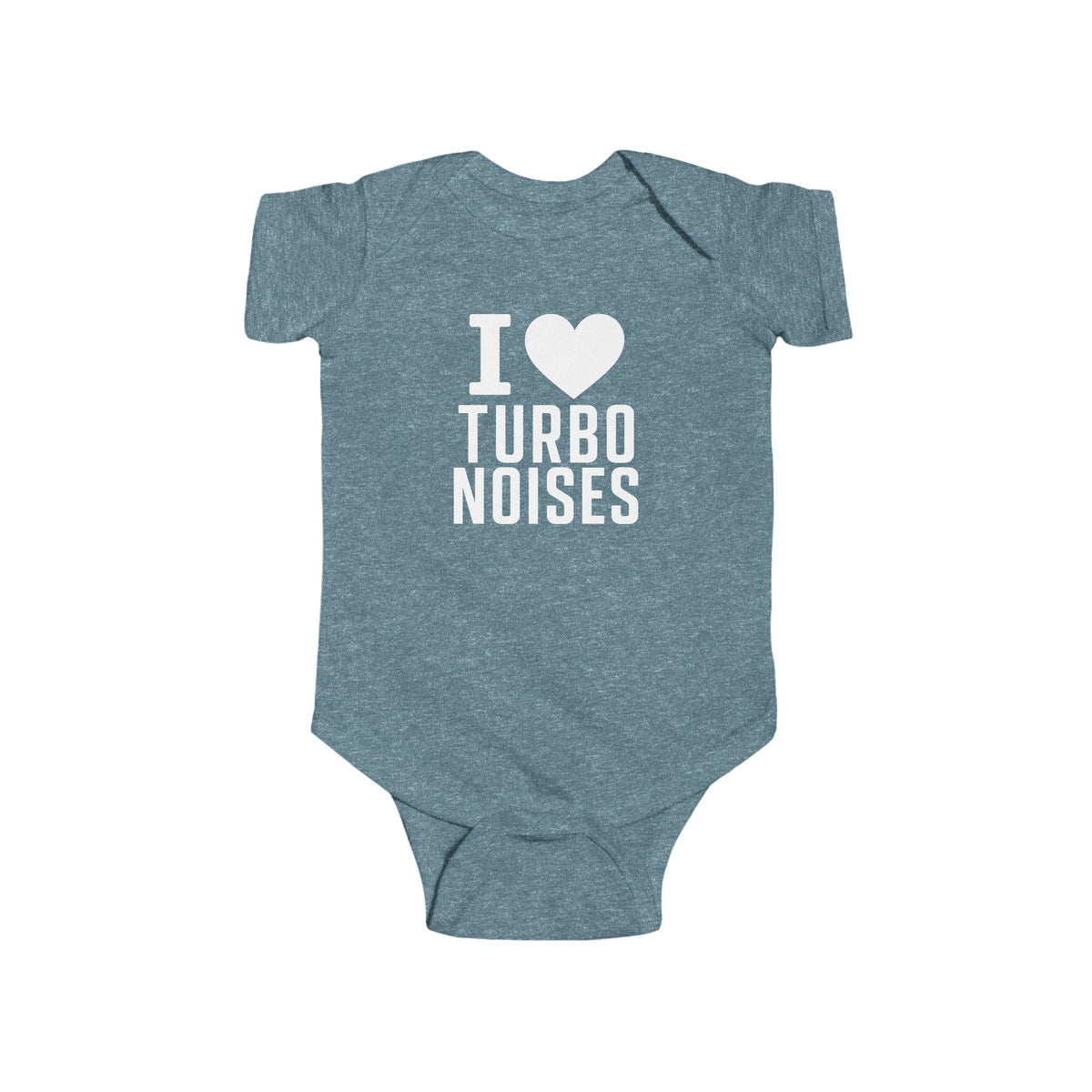 Teal baby bodysuit with “I heart TURBO NOISES” graphic on the front