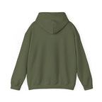Olive green pullover hoodie back view with hood and full-length sleeves