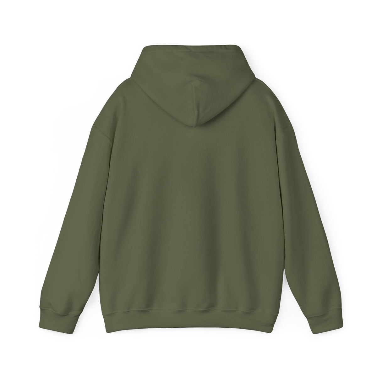 Olive green pullover hoodie back view with hood and full-length sleeves