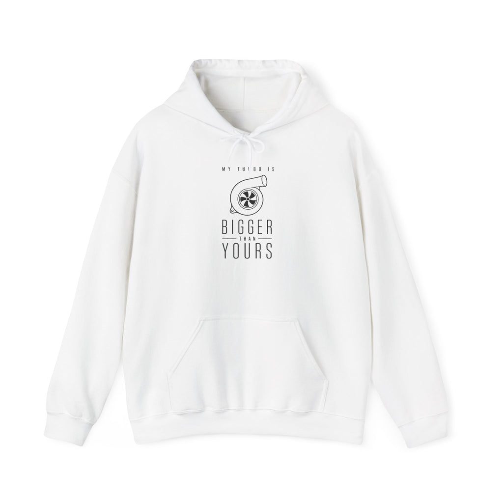 White pullover hoodie with kangaroo pocket and drawstring hood, printed chest graphic
