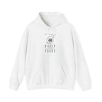 White pullover hoodie with kangaroo pocket and drawstring hood, printed chest graphic