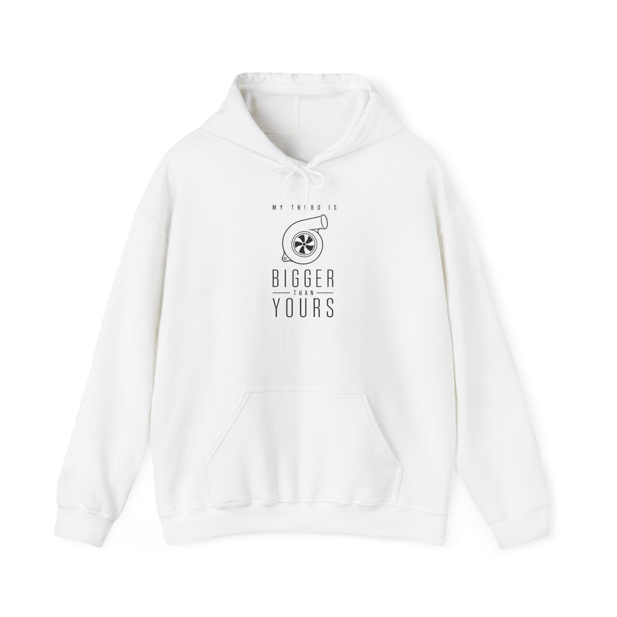 White pullover hoodie with kangaroo pocket and drawstring hood, printed chest graphic