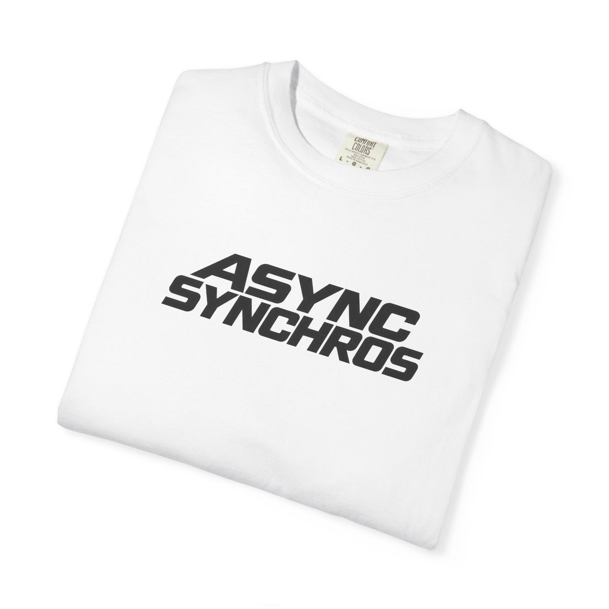 White crew-neck T-shirt folded flat with ASYNC SYNCHROS graphic logo