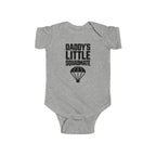 Heather gray baby bodysuit with 'Daddy's Little Squadamate' parachute graphic
