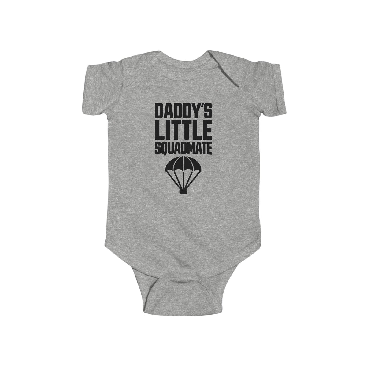 Heather gray baby bodysuit with 'Daddy's Little Squadamate' parachute graphic