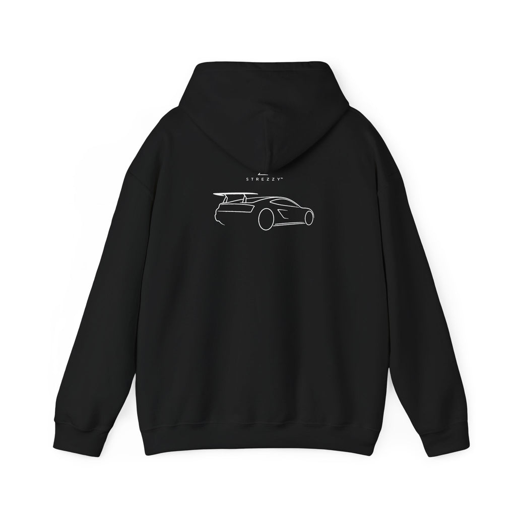 Black hoodie back view with line art car graphic and drawstring hood.