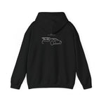 Black hoodie back view with line art car graphic and drawstring hood.