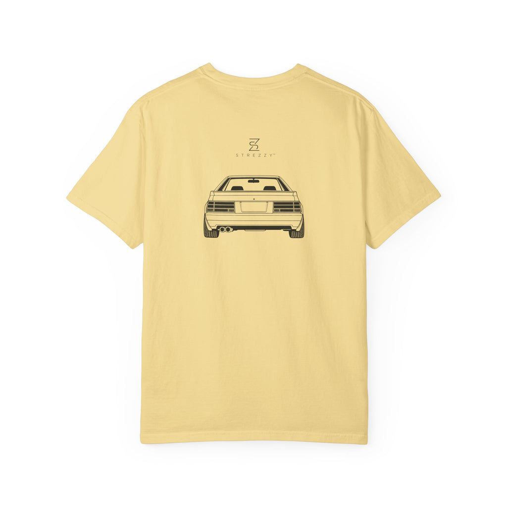 Light yellow crew-neck T-shirt with small back logo and JDM car graphic