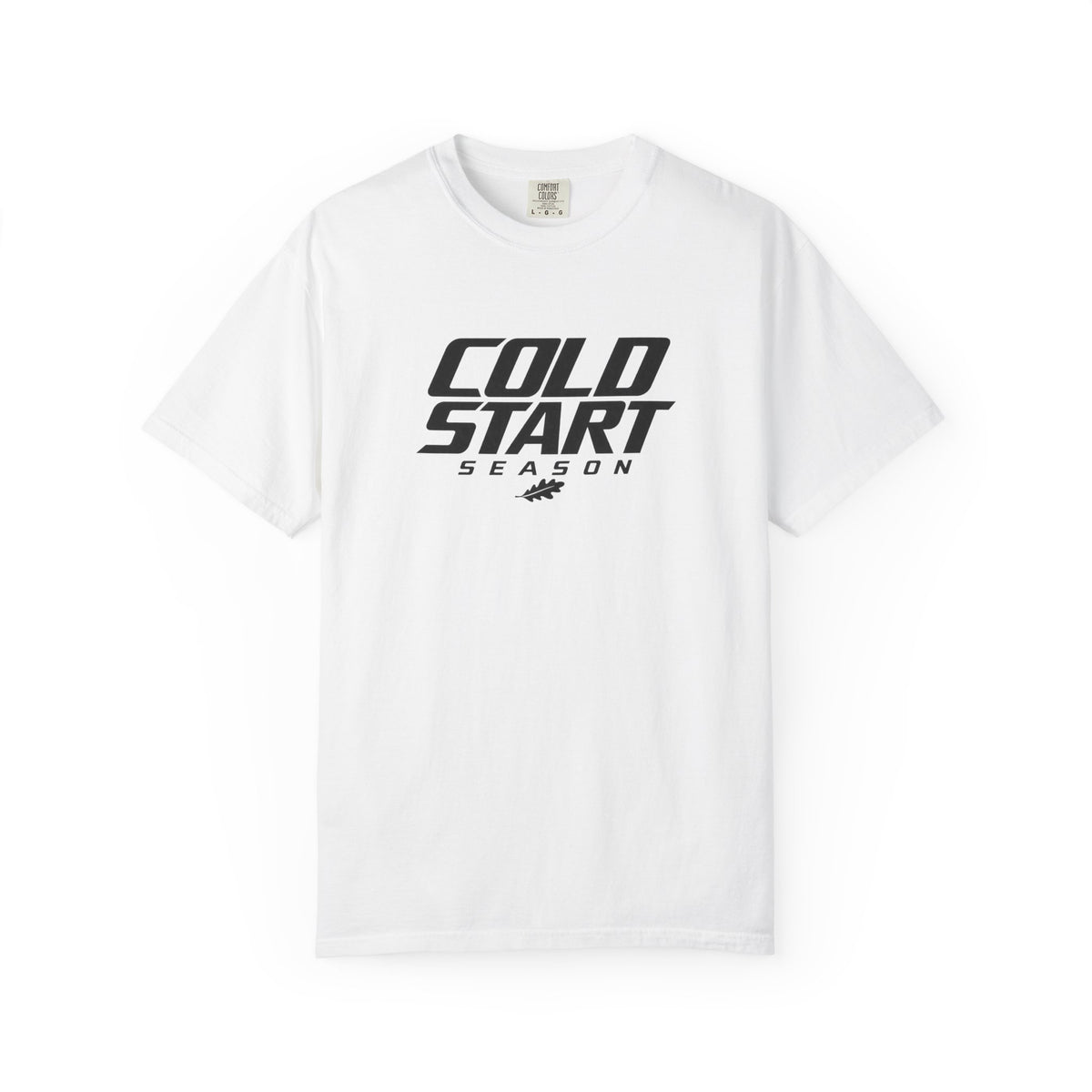 White graphic T-shirt with "COLD START SEASON" logo on the front