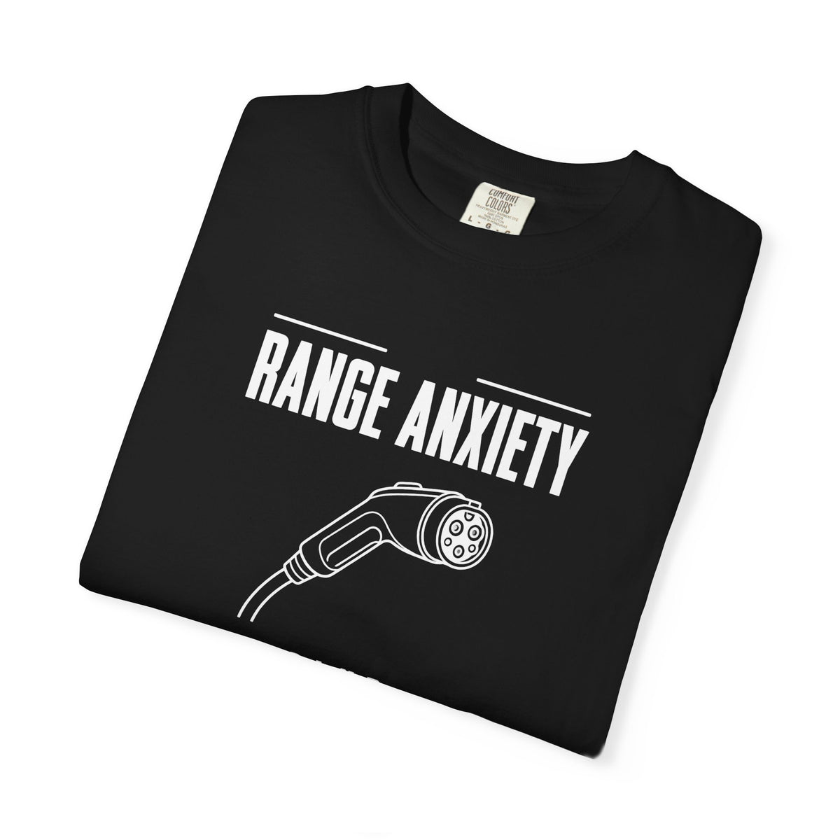 Black crew-neck T-shirt with 'RANGE ANXIETY' charging cable graphic