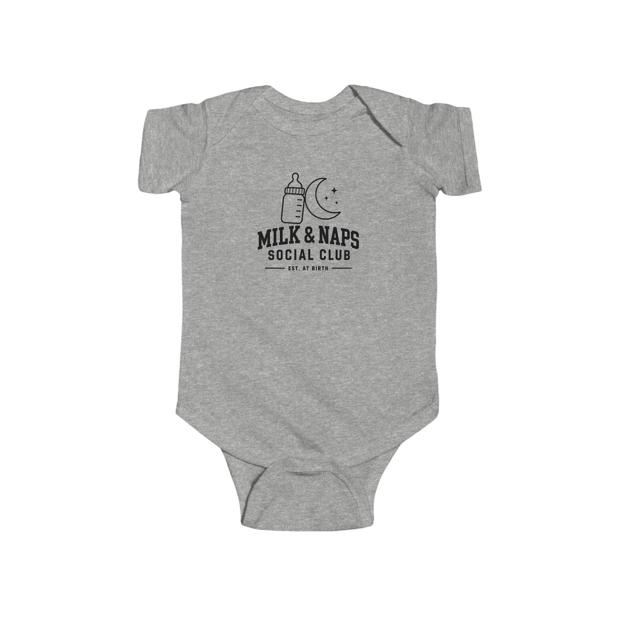 Heather gray short-sleeve baby bodysuit with “Milk & Naps Social Club” graphic on chest