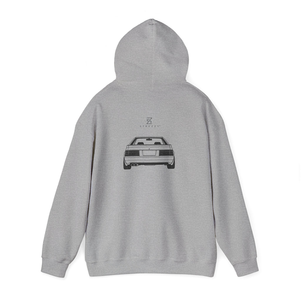 Sport grey JDM hoodie back view with car graphic on upper back and drawstring hood
