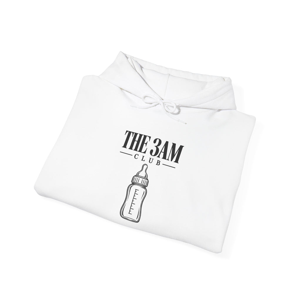White baby hoodie folded with “THE 3AM CLUB” logo and bottle graphic on chest.
