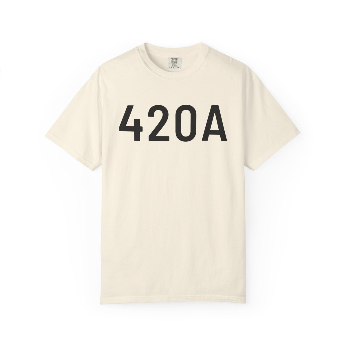 Ivory crewneck T-shirt with '420A' graphic on front, short sleeves.