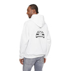 White pullover hoodie with back car graphic, drawstring hood and kangaroo pocket