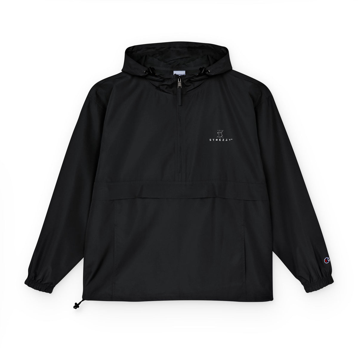 Black hooded anorak jacket with front zipper and embroidered logo on chest