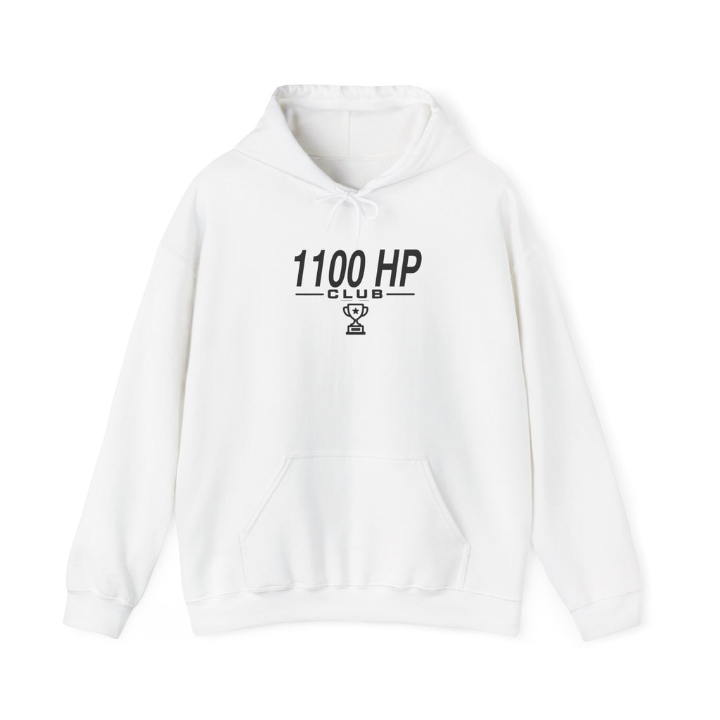 White pullover hoodie with front kangaroo pocket, drawstring hood, logo graphic