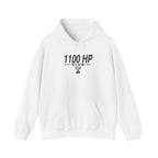 White pullover hoodie with front kangaroo pocket, drawstring hood, logo graphic