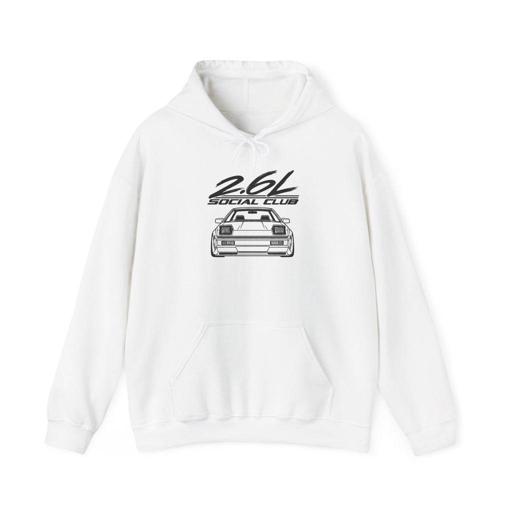 White 2.6L Social Club hoodie with front graphic and kangaroo pocket