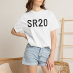 White SR20 graphic T-shirt with crew neck and short sleeves