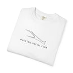 White crew-neck T-shirt with fish logo and “Ducktail Social Club” text print