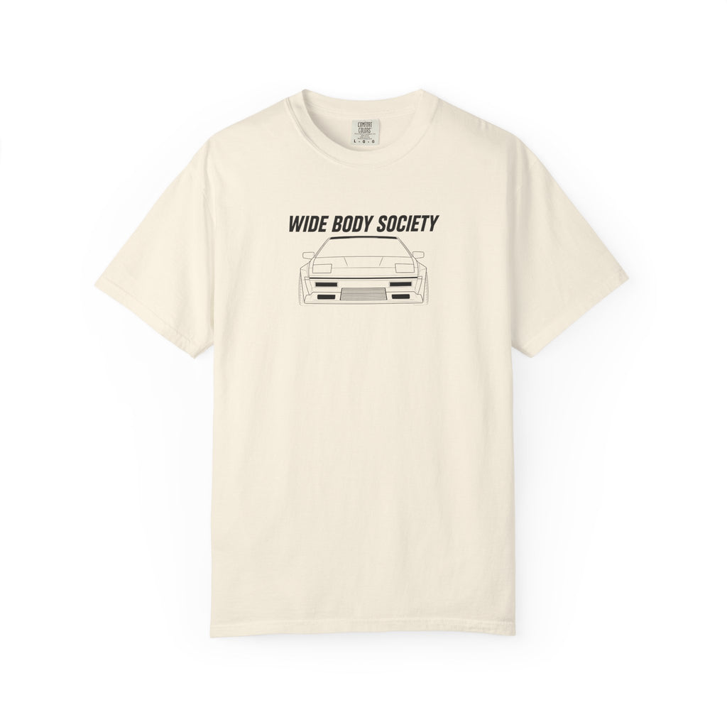 Cream JDM t-shirt, front print with “WIDE BODY SOCIETY” and car graphic.