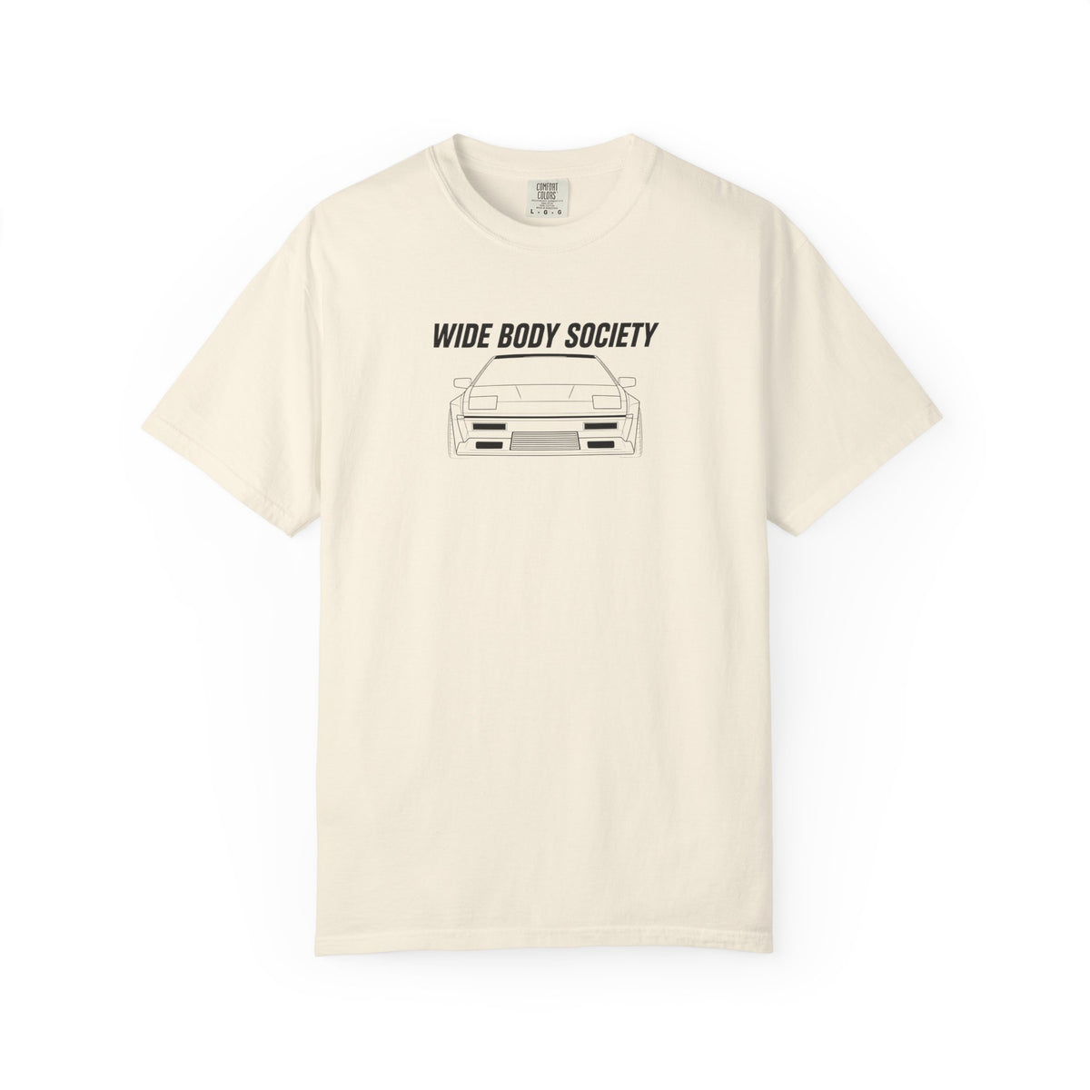 Cream JDM t-shirt, front print with “WIDE BODY SOCIETY” and car graphic.