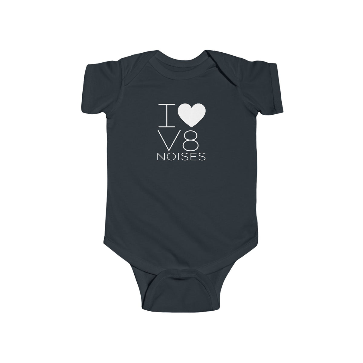 Black baby bodysuit with "I ♥ V8 noises" front graphic