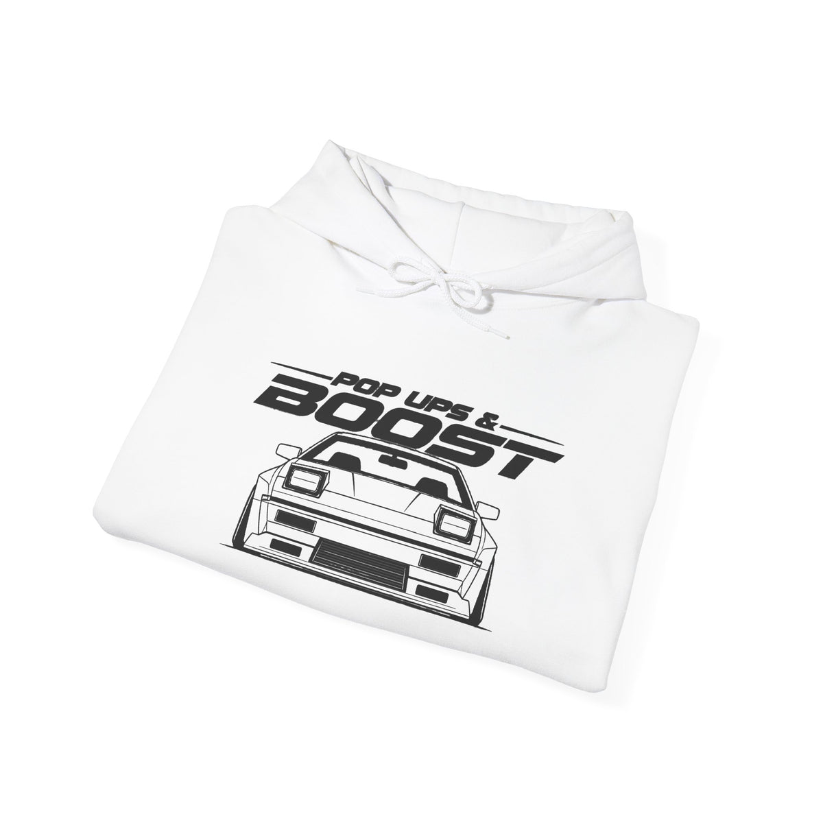 White JDM graphic pullover hoodie with drawstring hood and front kangaroo pocket