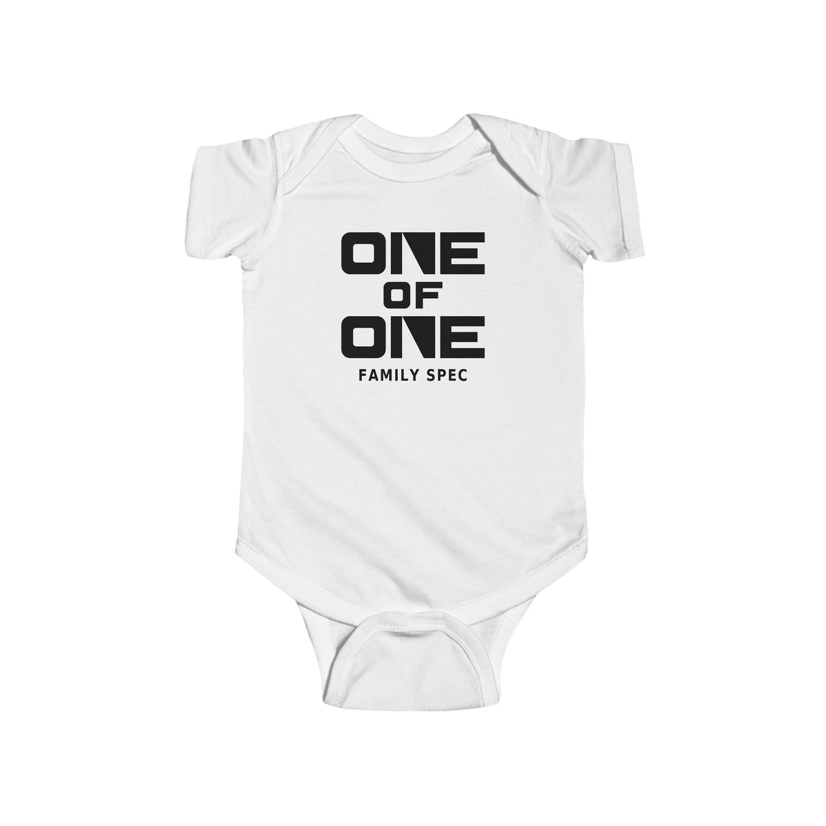White short-sleeve baby bodysuit with black “ONE OF ONE” front print