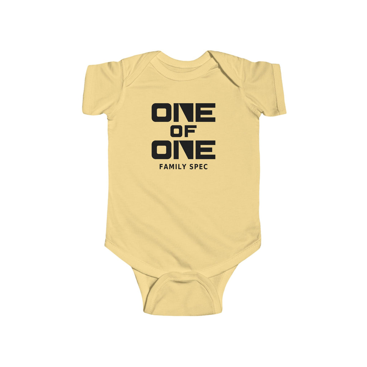Butter yellow short-sleeve baby bodysuit with black “ONE OF ONE” front print