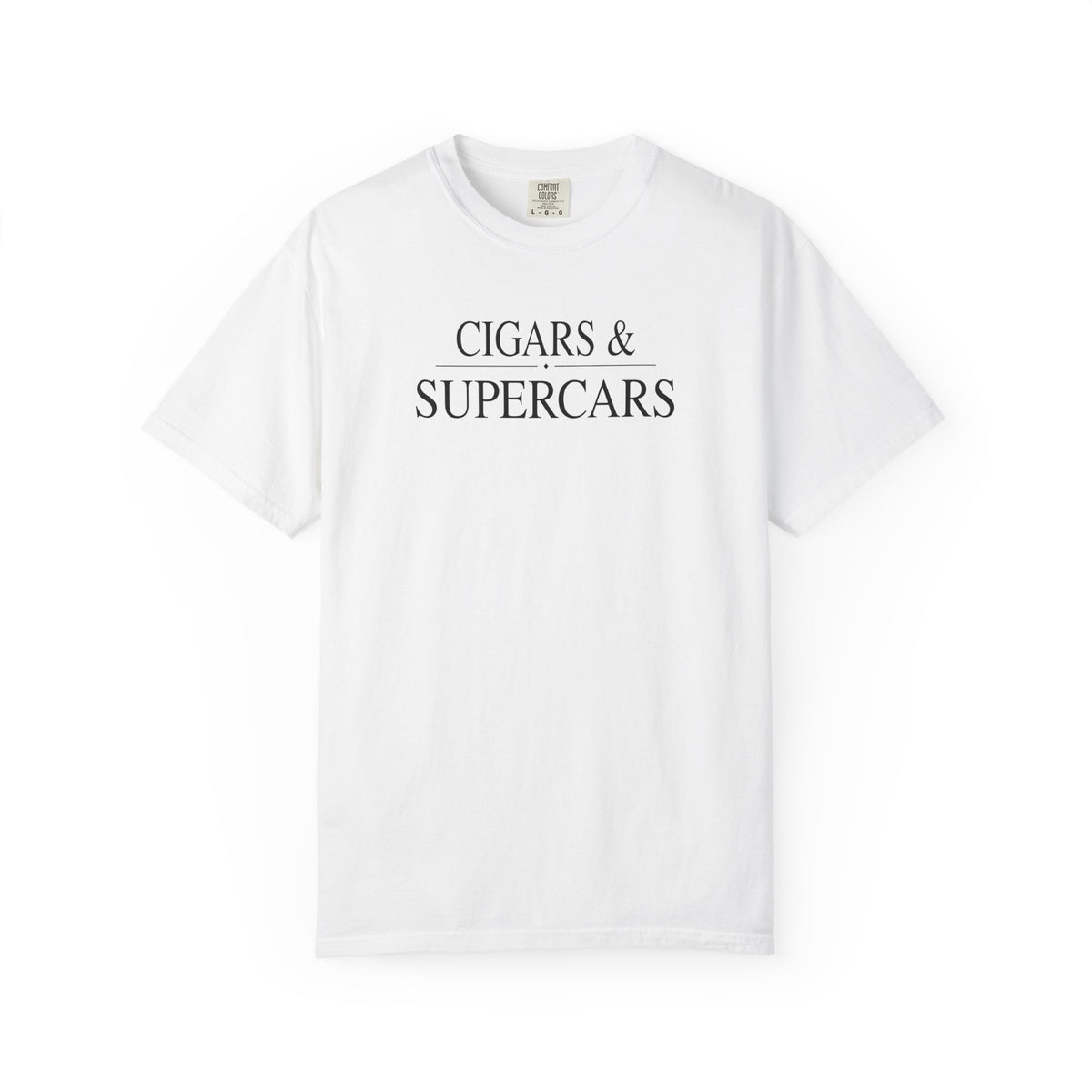 White T-shirt with "CIGARS & SUPERCARS" front graphic