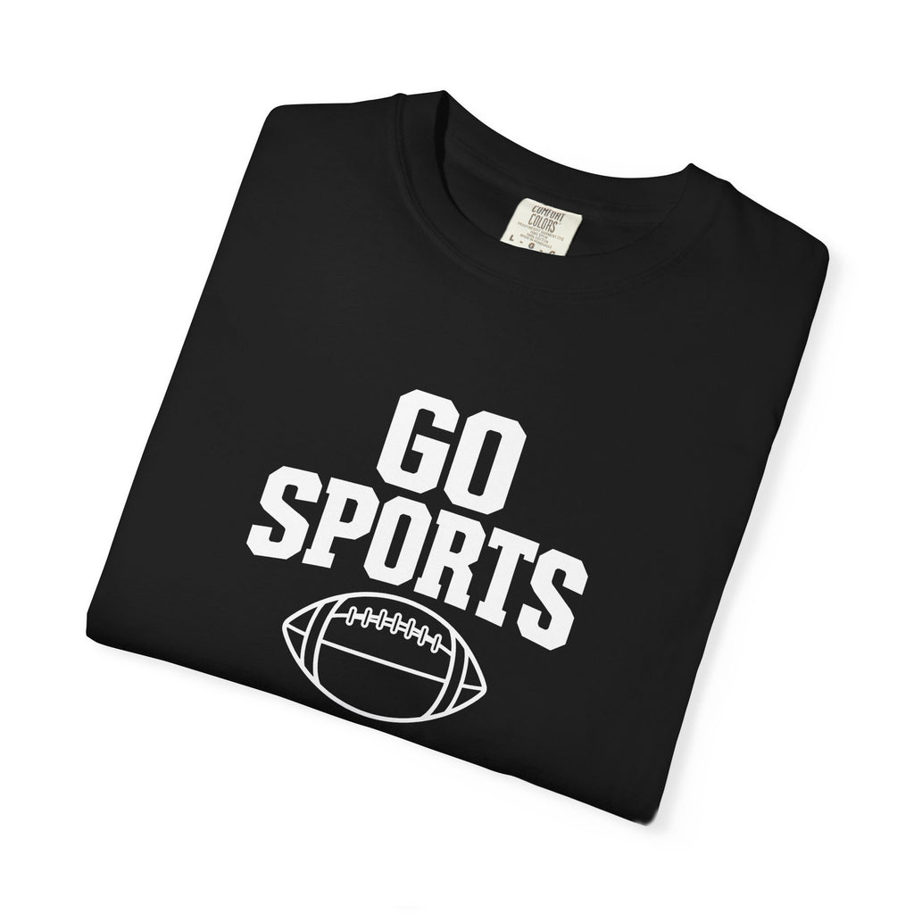 Black football T-shirt close-up of Go Sports logo and football emblem