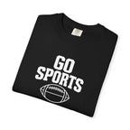 Black football T-shirt close-up of Go Sports logo and football emblem