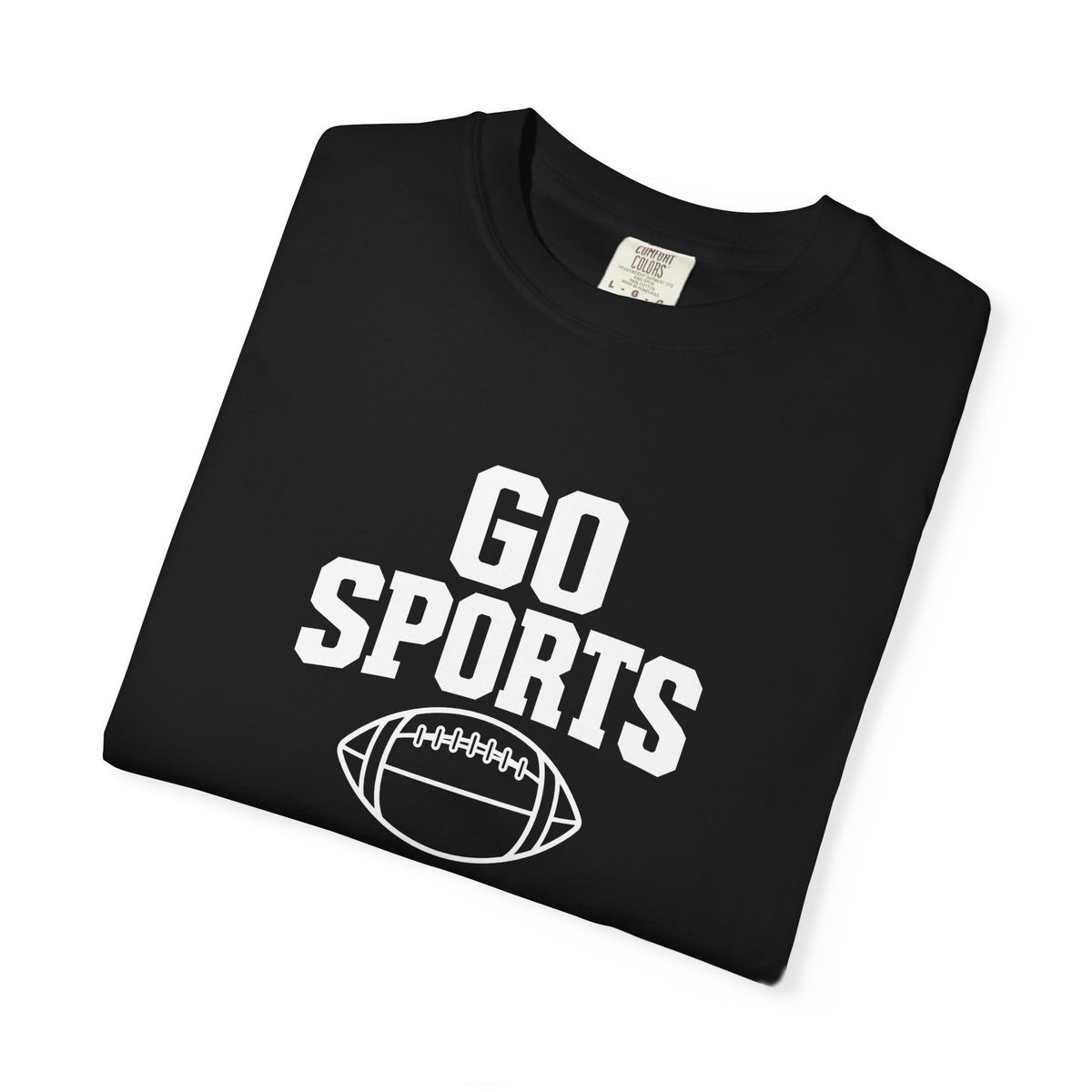 Black football T-shirt close-up of Go Sports logo and football emblem