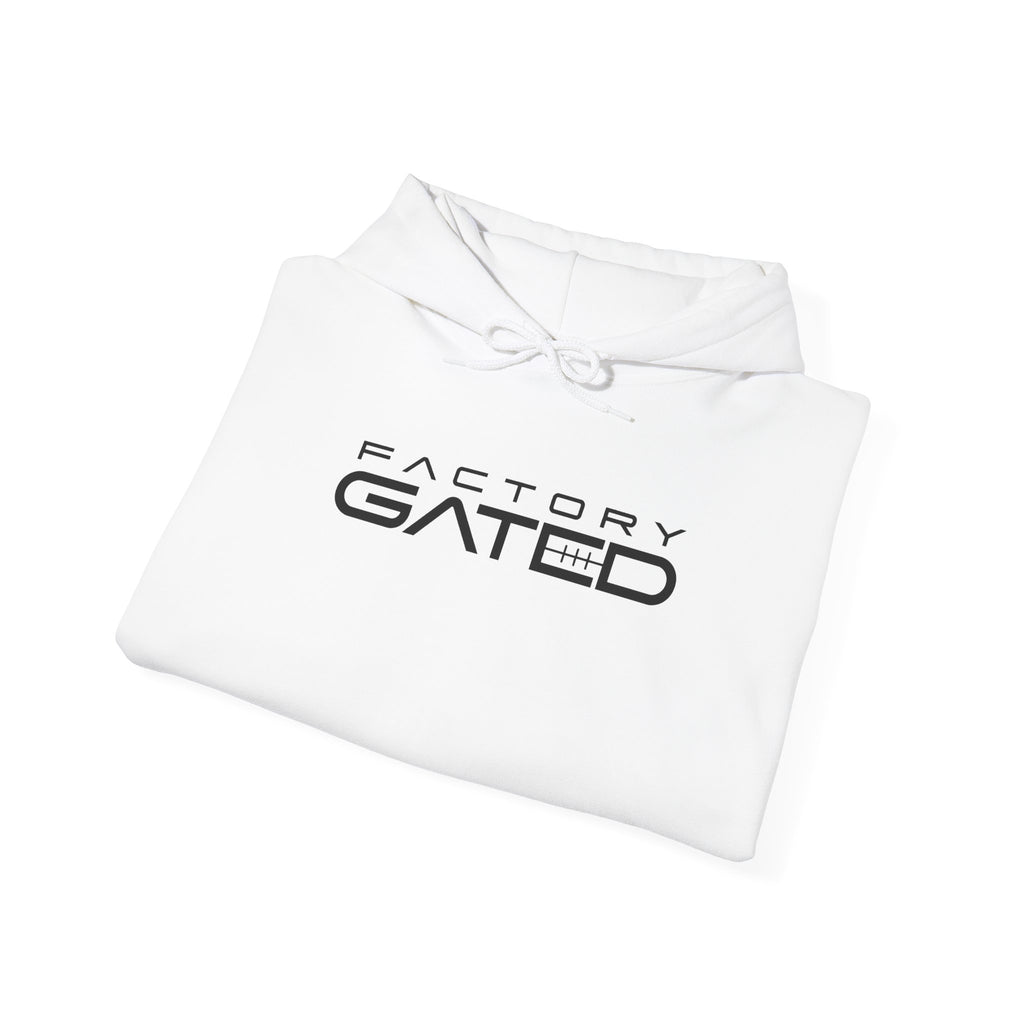 White hoodie with drawstring hood and front logo graphic