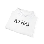 White hoodie with drawstring hood and front logo graphic