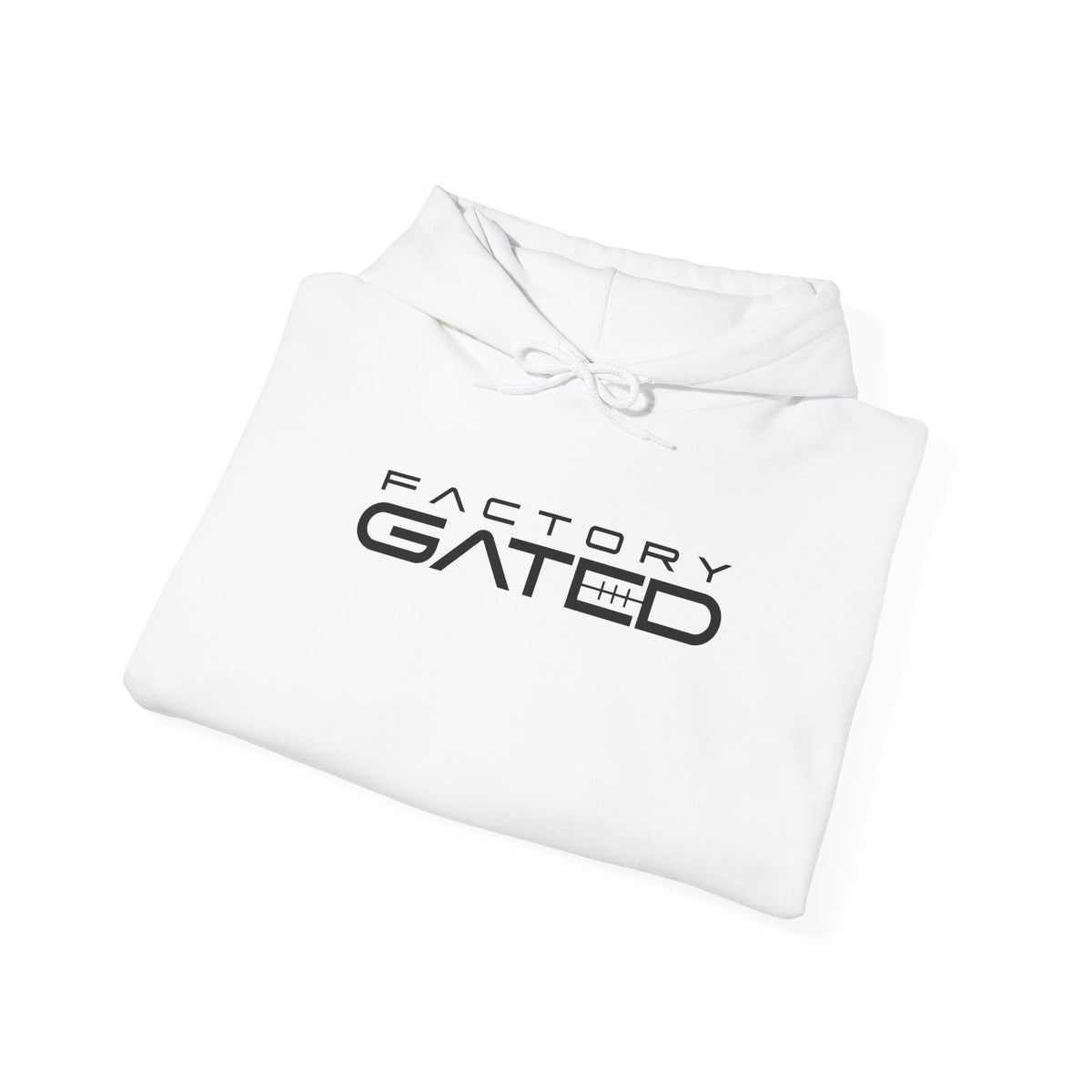 White hoodie with drawstring hood and front logo graphic
